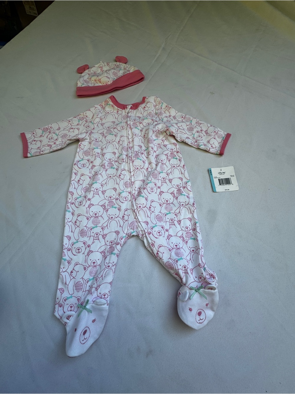 Pink Bear-Print Footed Baby One-Piece with Hat girl size 6M